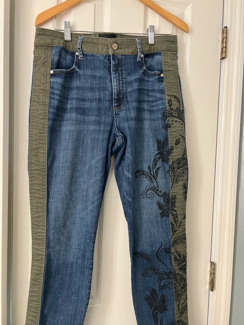 White House Black Market Blue Denim and Olive Straight Leg Jeans